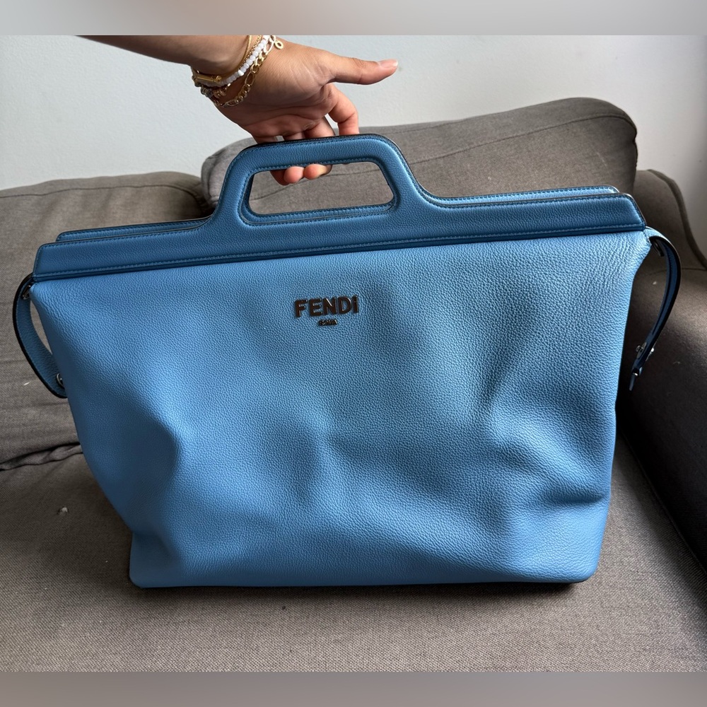 FENDI Duffle Media Bag in color cerulean blue on full-grain leather